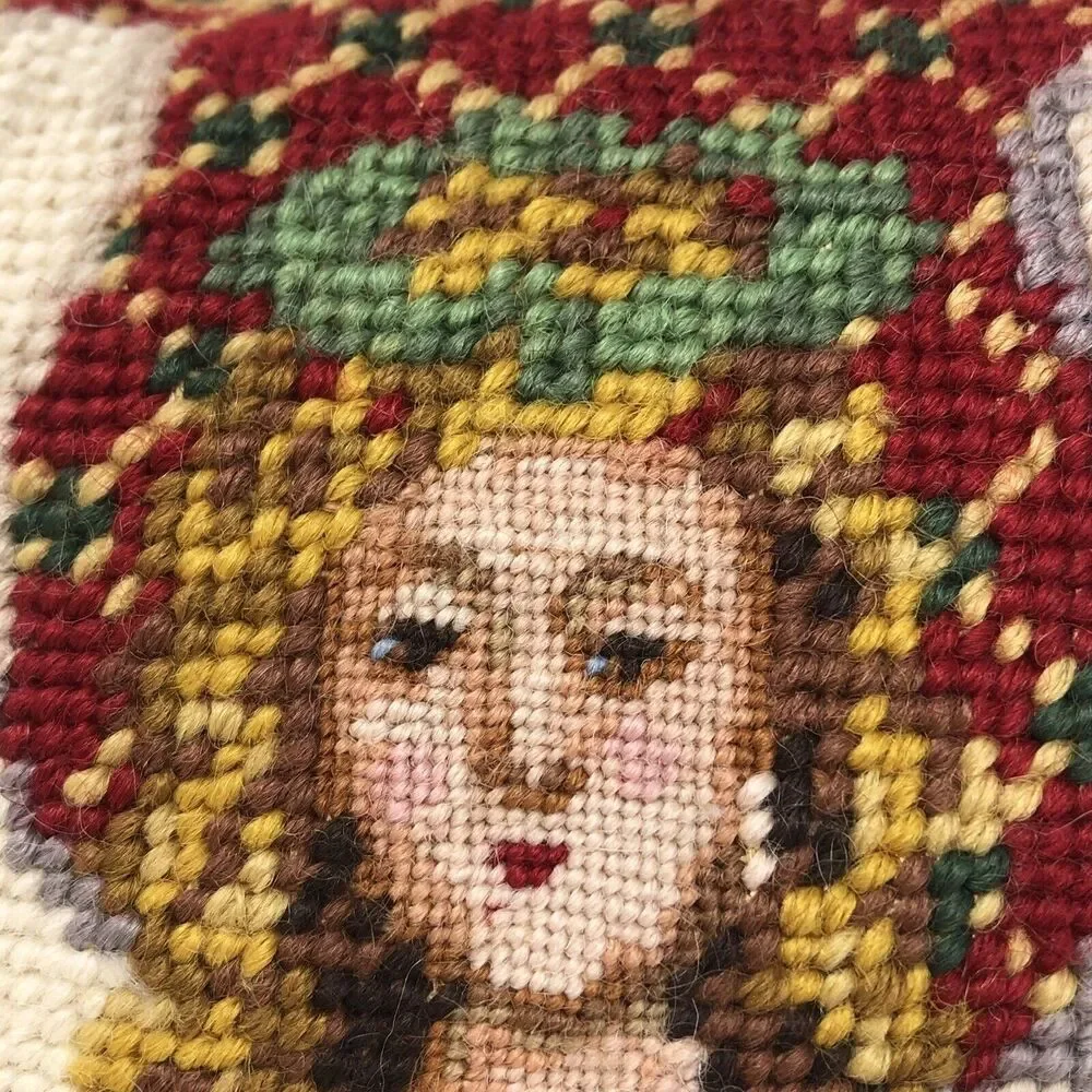 Vintage Victorian Angel Handmade Wool Needlepoint Pillow 9” Green Velvet Back